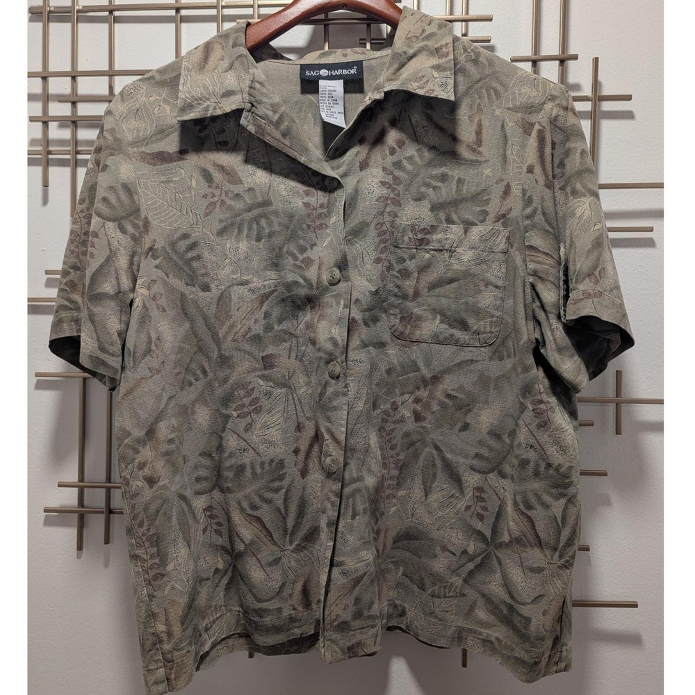 Vtg Button Up Short Sleeve Shirt Green Tropical 100% Silk Safari Top Sz L